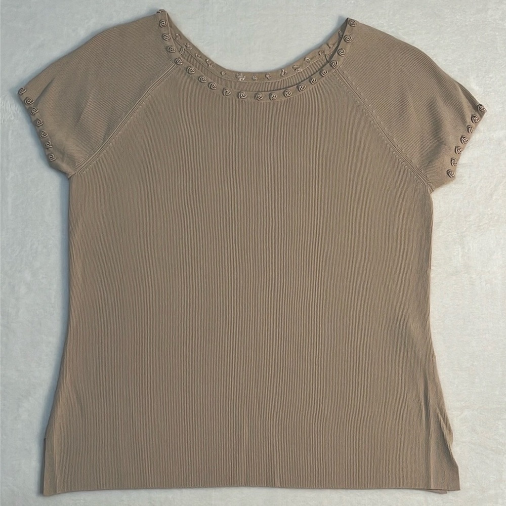 B.Moss Cap Sleeve Lightweight Sweater with floral detail on neckline and arms